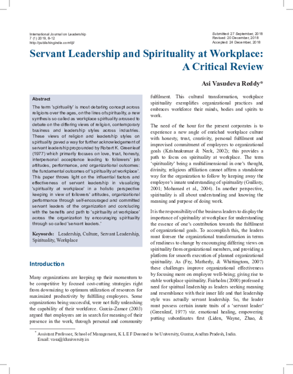 (PDF) Servant Leadership and Spirituality at Workplace: A Critical Review