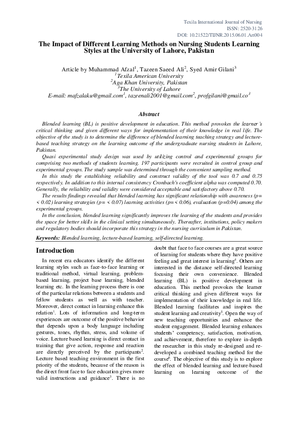 (PDF) The Impact of Different Learning Methods on Nursing Students ...