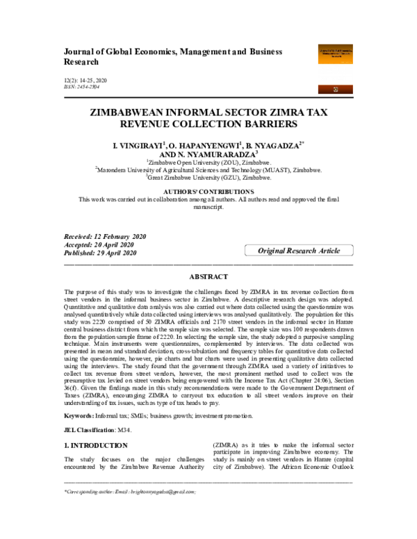 (PDF) ZIMBABWEAN INFORMAL SECTOR ZIMRA TAX REVENUE COLLECTION BARRIERS