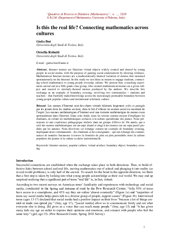 (PDF) Is this the real life? Connecting mathematics across cultures