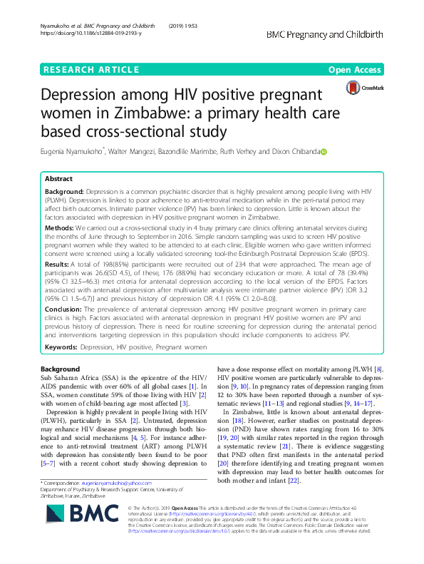 (PDF) Depression among HIV positive pregnant women in Zimbabwe: a ...