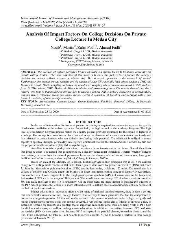 (PDF) Analysis Of Impact Factors On College Decisions On Private ...