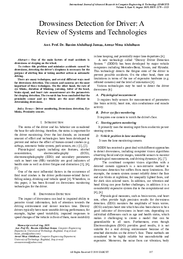 (PDF) Drowsiness Detection for Driver: A Review of Systems and Technologies