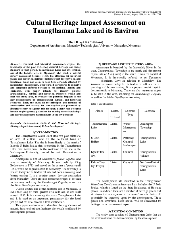 (PDF) Cultural Heritage Impact Assessment on Taungthaman Lake and its ...