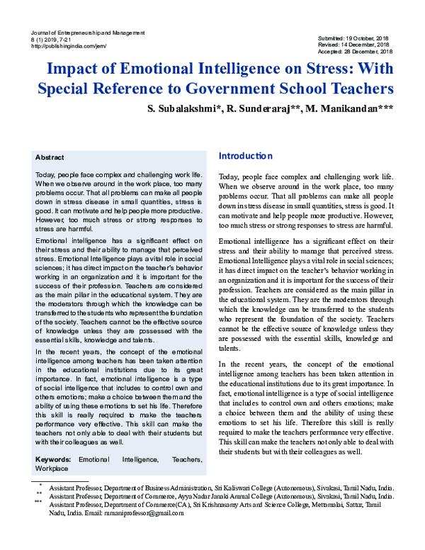 (PDF) Impact of Emotional Intelligence on Stress: With Special ...
