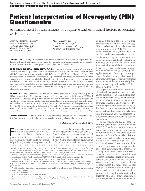 (PDF) Patient Interpretation of Neuropathy (PIN) Questionnaire An