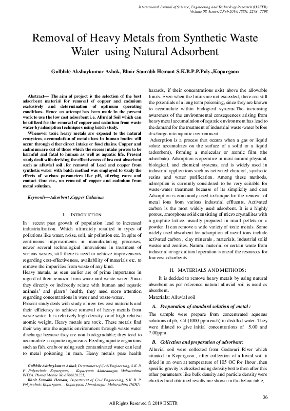 (PDF) Removal of Heavy Metals from Synthetic Waste Water using Natural ...