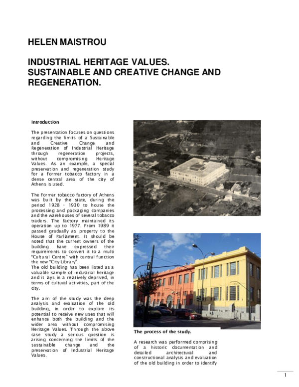 (PDF) INDUSTRIAL HERITAGE VALUES. SUSTAINABLE AND CREATIVE CHANGE AND ...