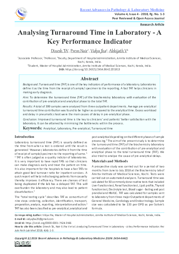 (PDF) Analysing Turnaround Time in Laboratory A Key Performance Indicator Vidya Jha