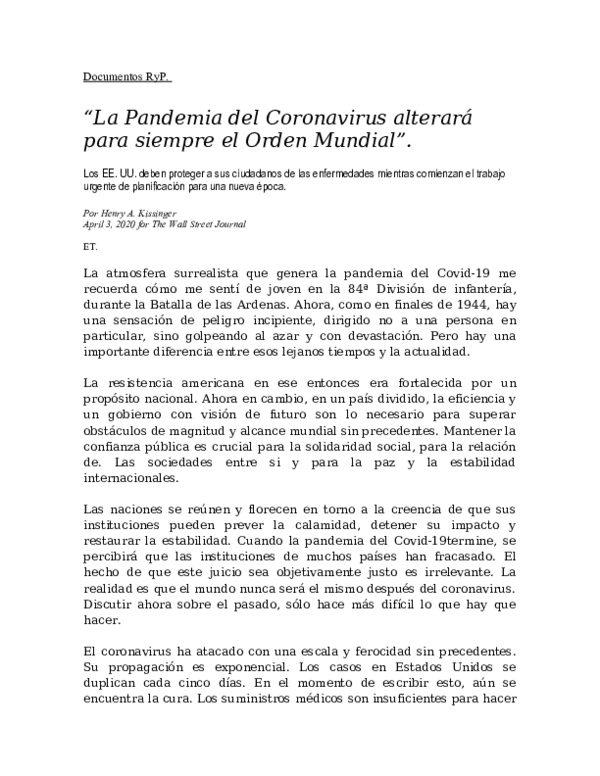 (DOC) Traducción " La pandemia del coronavirus alterará para siempre el