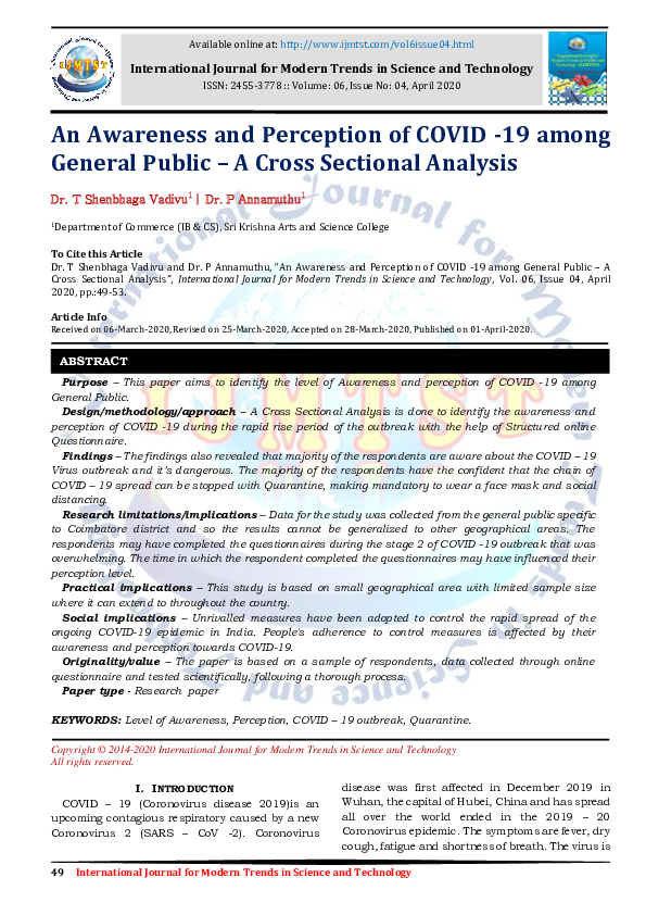 (PDF) An Awareness and Perception of COVID -19 among General Public – A ...