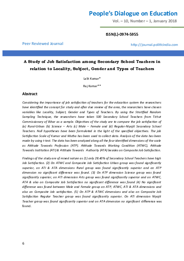 (DOC) A Study of Job Satisfaction among Secondary School Teachers in ...