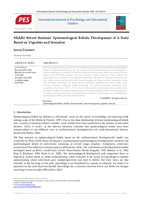 (PDF) Middle School Students’ Epistemological Beliefs: Development of A ...