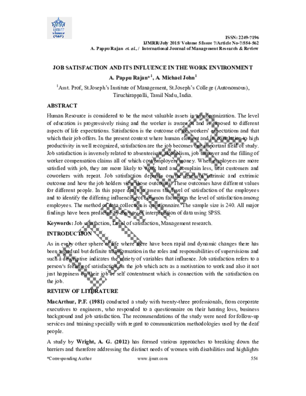 (PDF) JOB SATISFACTION AND ITS INFLUENCE IN THE WORK ENVIRONMENT