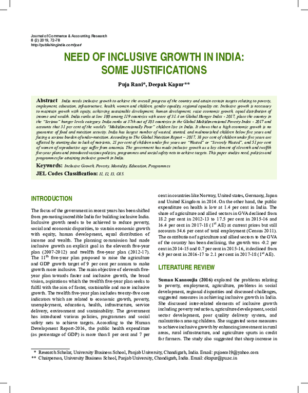 (PDF) Need of Inclusive Growth in India: Some Justifications