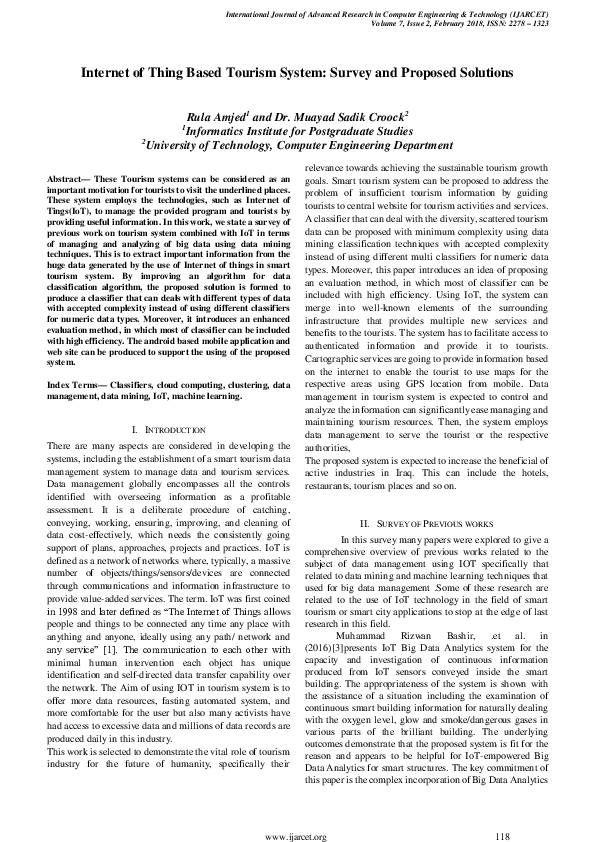 (PDF) Internet of Thing Based Tourism System: Survey and Proposed Solutions