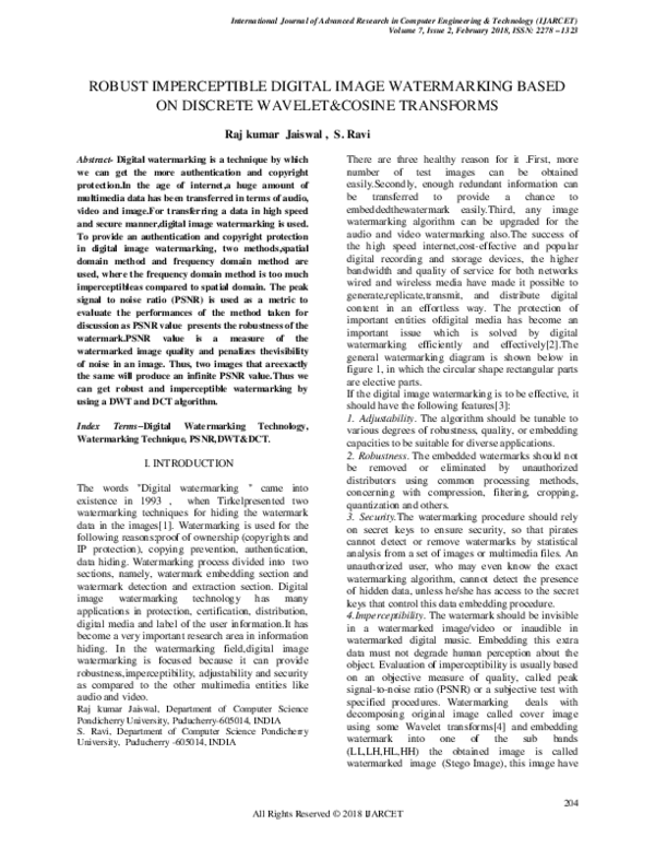 (PDF) ROBUST IMPERCEPTIBLE DIGITAL IMAGE WATERMARKING BASED ON DISCRETE ...