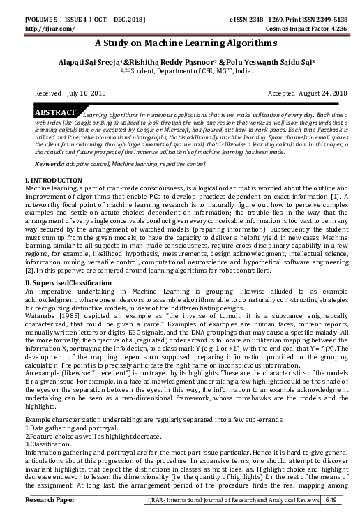 (PDF) A Study on Machine Learning Algorithms