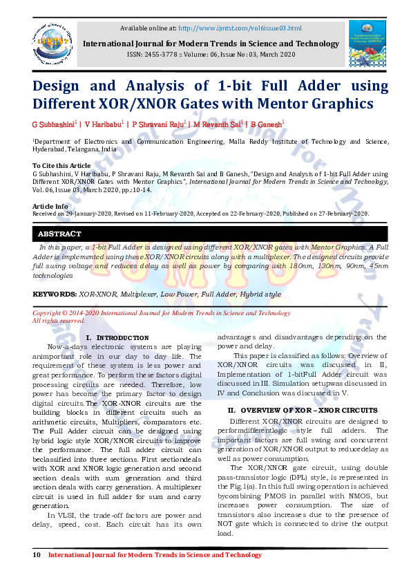 (PDF) Design and Analysis of 1-bit Full Adder using Different XOR/XNOR ...