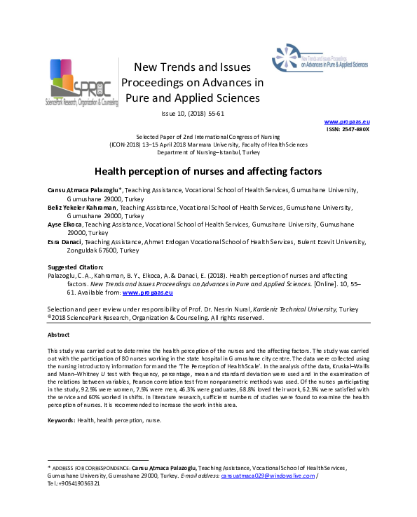 (PDF) Health perception of nurses and affecting factors New Trends and Issues Proceedings on