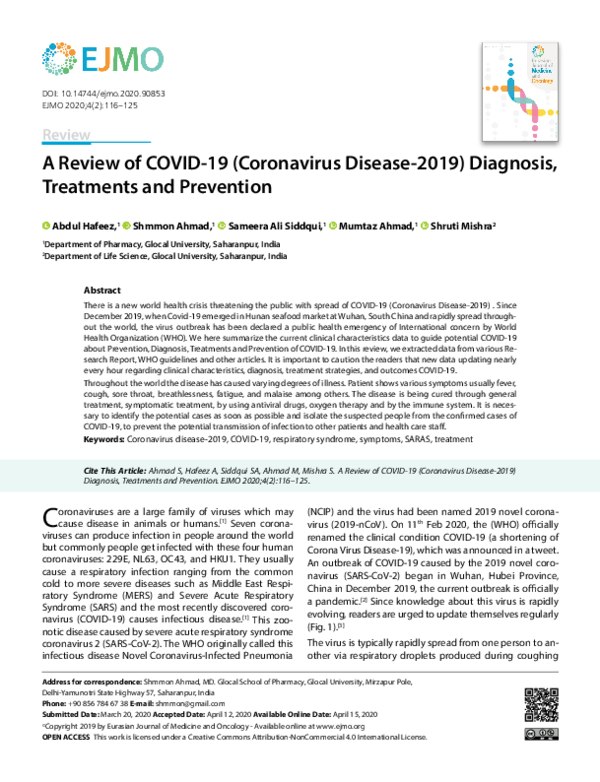 (PDF) A Review of COVID19 Coronavirus Disease2019 Diagnosis Treatments ...