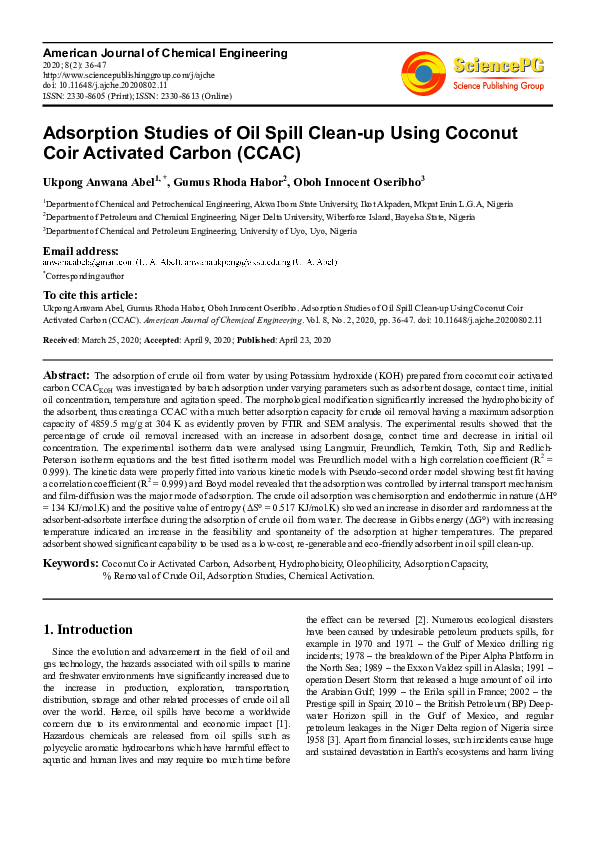 (PDF) Adsorption Studies of Oil Spill Cleanup Using Coconut Coir Activated Carbon (CCAC