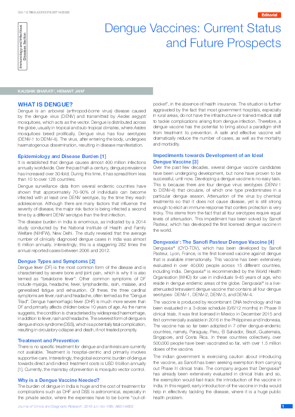 (PDF) Dengue vaccines: Current status and future prospects