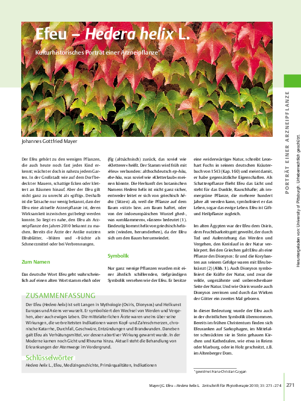 PDF) Efeu  Hedera helix L.: Kulturhistorisches Portrt einer Arzneipflanze