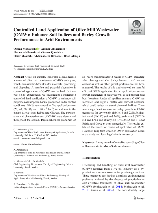 (PDF) Controlled Land Application of Olive Mill Wastewater (OMW ...