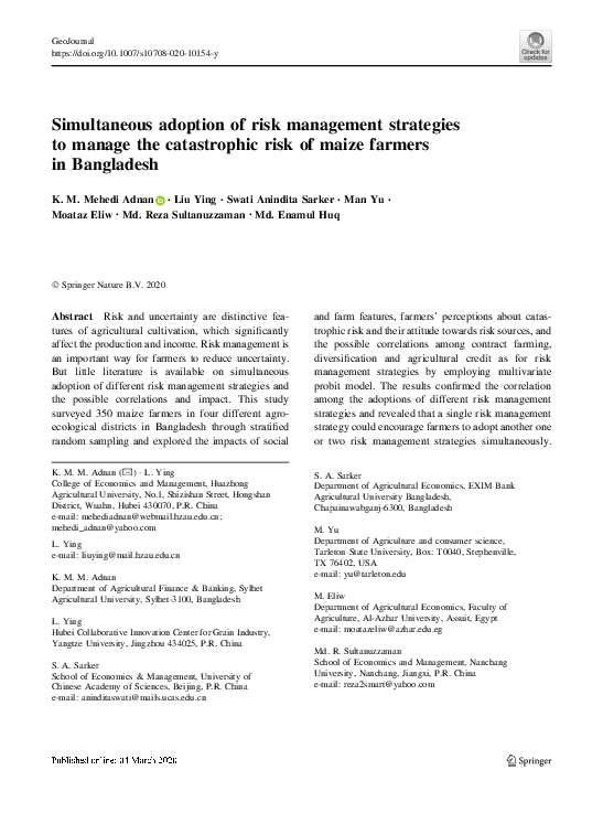  PDF Simultaneous Adoption Of Risk Management Strategies To Manage The Catastrophic Risk Of 