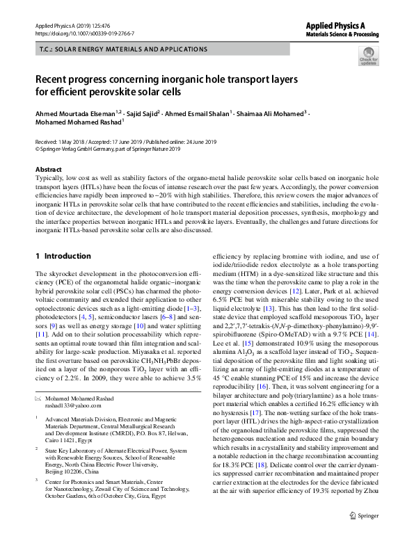 (PDF) Recent progress concerning inorganic hole transport layers for ...
