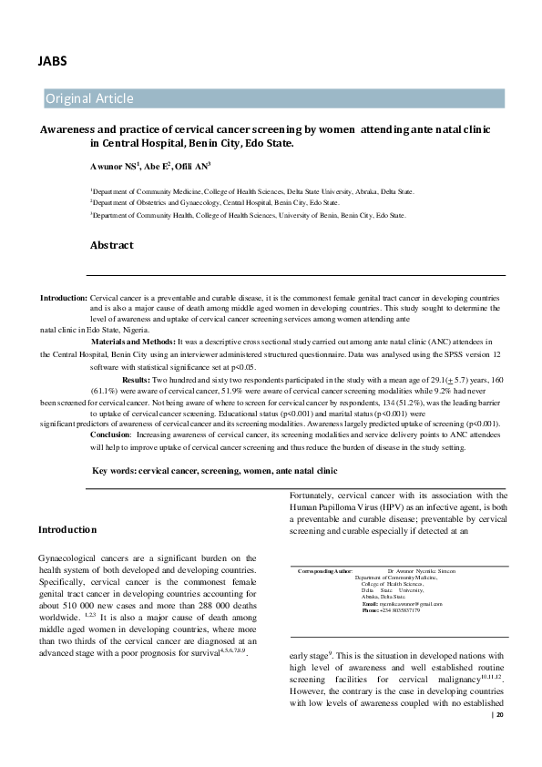 (PDF) Awareness and practice of cervical cancer screening by women ...