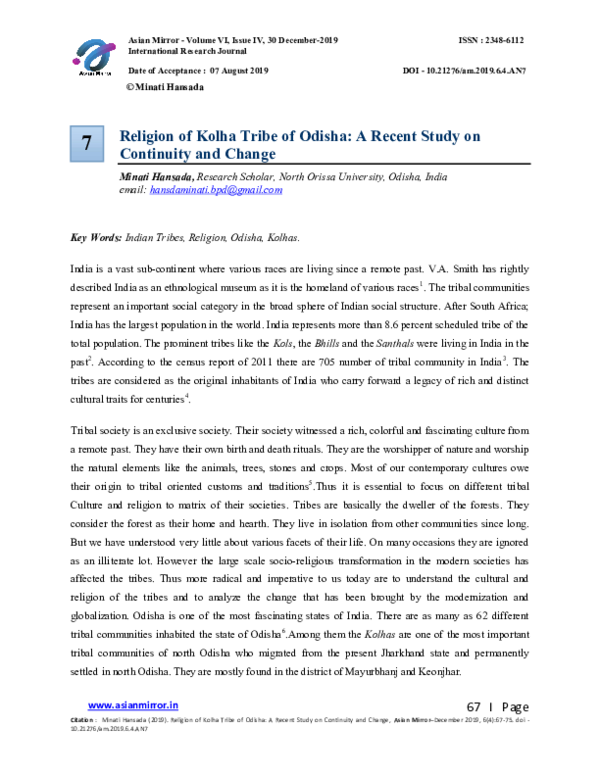 (PDF) Religion of Kolha Tribe of Odisha: A Recent Study on Continuity ...