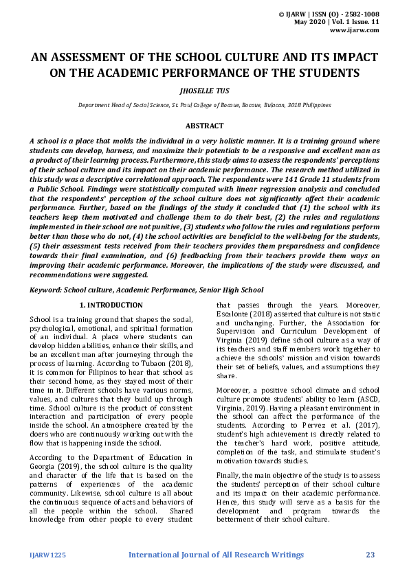 (PDF) AN ASSESSMENT OF THE SCHOOL CULTURE AND ITS IMPACT ON THE ...
