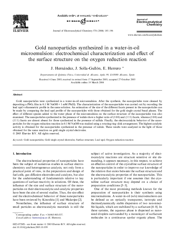 (PDF) Gold nanoparticles synthesized in a water-in-oil microemulsion ...