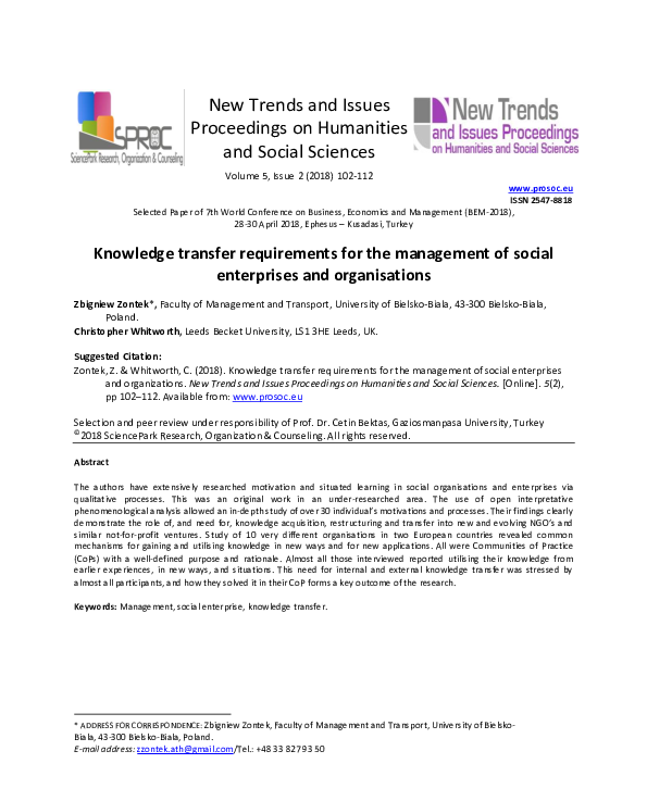 (PDF) Knowledge transfer requirements for the management of social ...