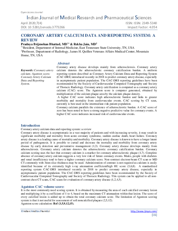 (PDF) CORONARY ARTERY CALCIUM DATA AND REPORTING SYSTEM: A REVIEW