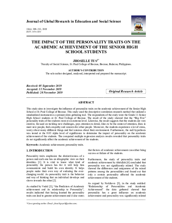 (PDF) THE IMPACT OF THE PERSONALITY TRAITS ON THE ACADEMIC ACHIEVEMENT ...