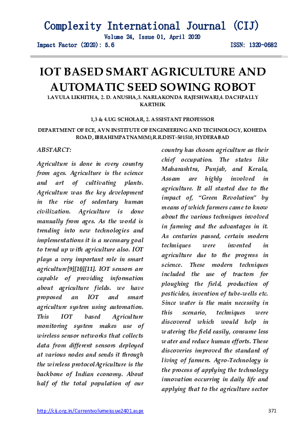 (PDF) IOT BASED SMART AGRICULTURE AND AUTOMATIC SEED SOWING ROBOT Likhitha Avula Academia.edu