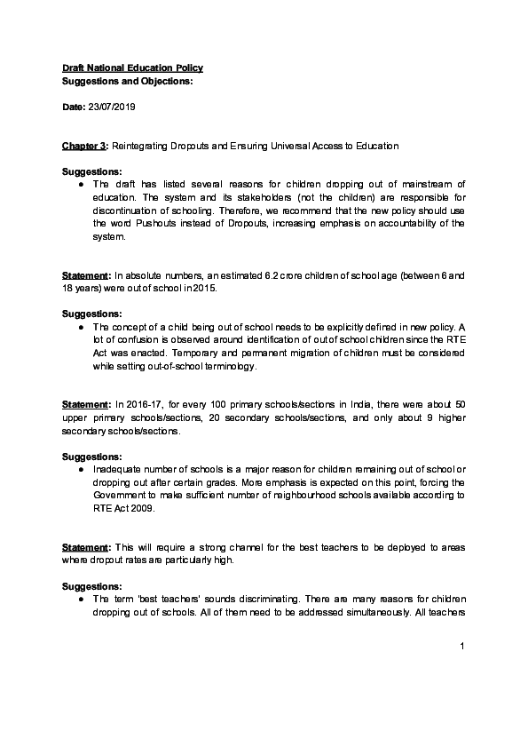 (PDF) Draft National Education Policy - SUGGESTIONS