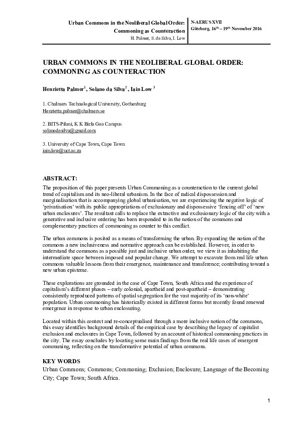 Pdf Urban Commons In The Neoliberal Global Order Commoning As