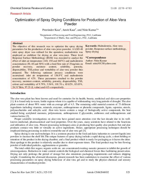 (PDF) Optimization of Spray Drying Conditions for Production of Aloe ...