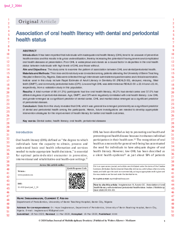 (PDF) Association of oral health literacy with dental and periodontal ...