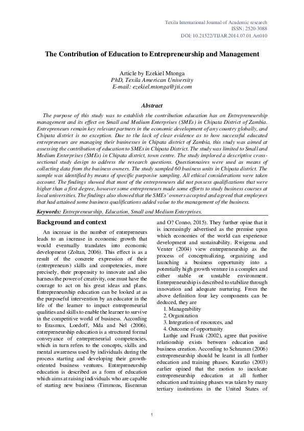 (PDF) The Contribution of Education to Entrepreneurship and Management