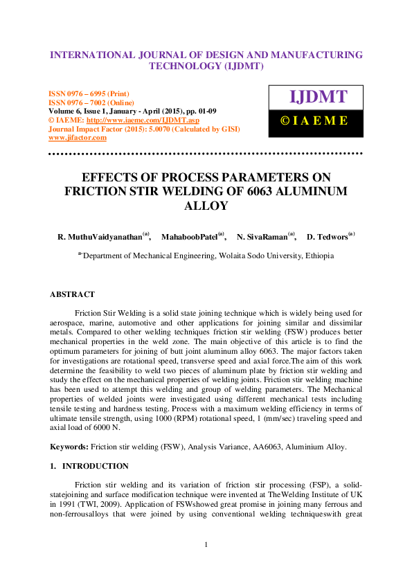 (PDF) EFFECTS OF PROCESS PARAMETERS ON FRICTION STIR WELDING OF 6063 ...
