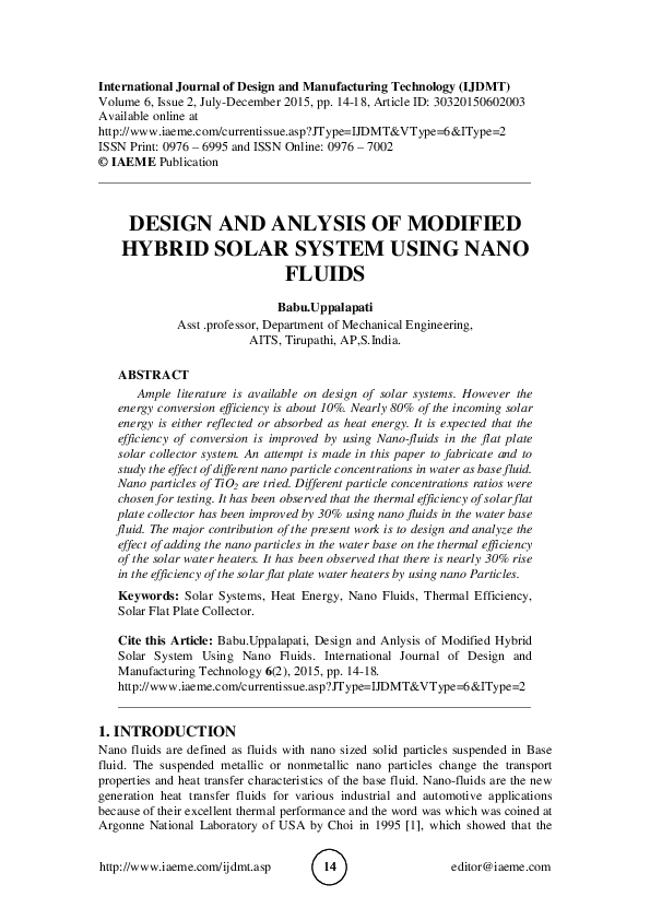 (PDF) DESIGN AND ANLYSIS OF MODIFIED HYBRID SOLAR SYSTEM USING NANO FLUIDS