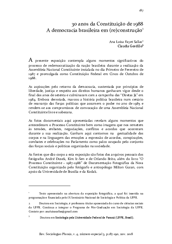 (PDF) 30 anos da Constituição de 1988 A democracia brasileira em (re)construção Sociologias (PDF) 30 anos da Constituição de 1988 A democracia brasileira em (re)construção Sociologias