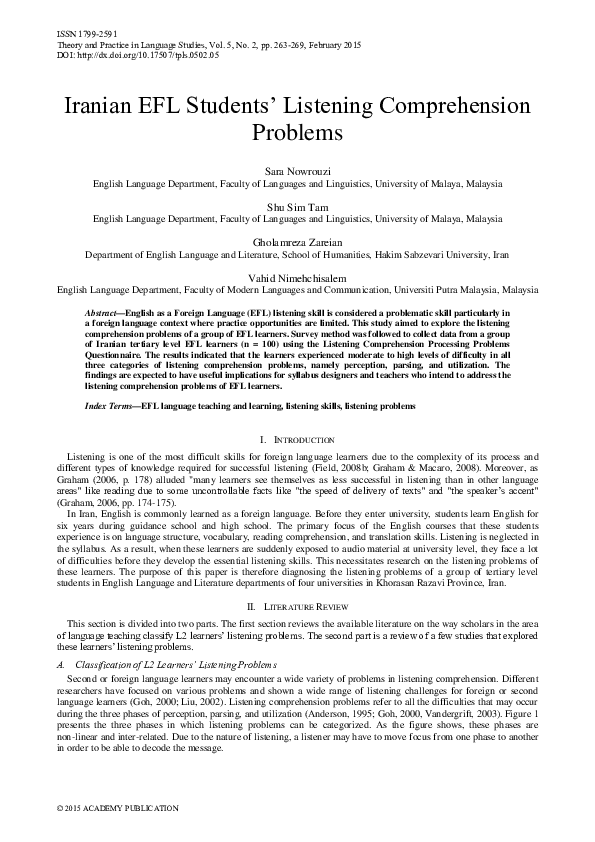 (PDF) Iranian EFL Students’ Listening Comprehension Problems