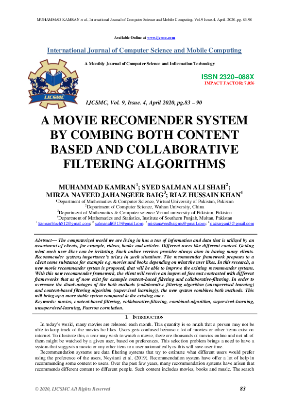 (PDF) A MOVIE RECOMENDER SYSTEM BY COMBING BOTH CONTENT BASED AND ...