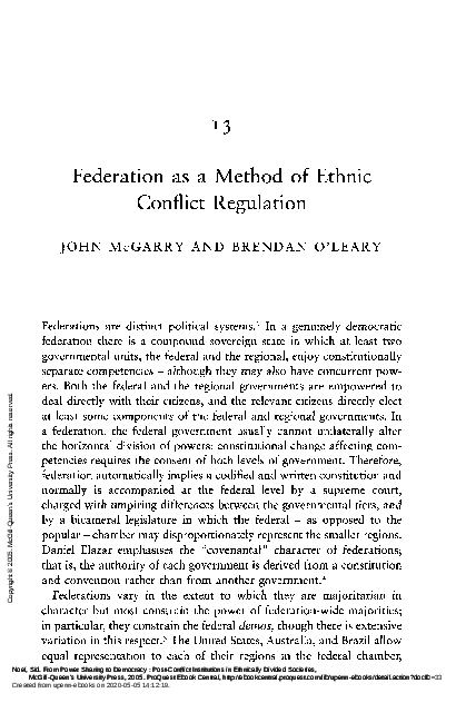 Federation as a Method of Ethnic Conflict Regulation